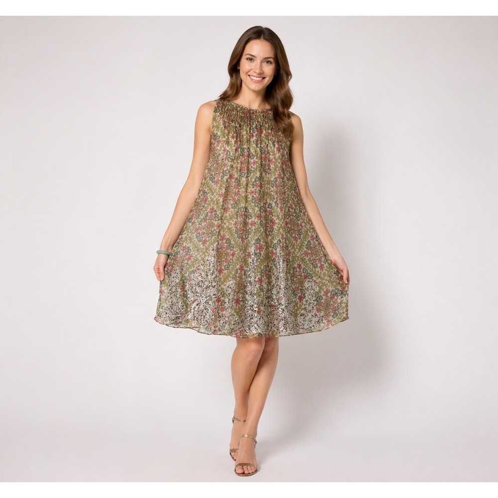 Rina Dhaka for Anthropologie Silk Shift Dress Floral Sequin Hem Boho Ethereal Sm
